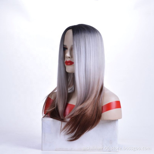 Wholesale Natural Long Silky Straight Silver Grey Synthetic Lace Front Wig For White Women